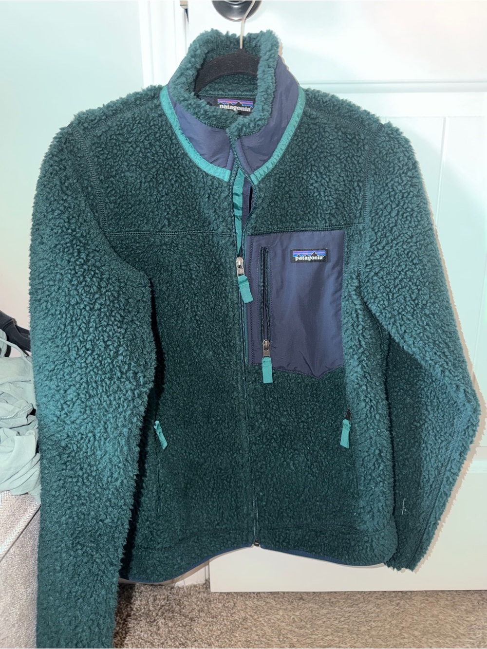Patagonia Dark Teal Sherpa Jacket with Navy Chest Pocket